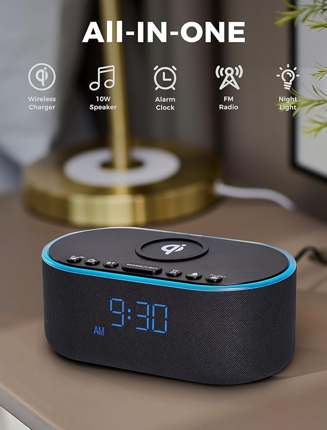 Wireless Charging Alarm Clock Radio: Qi Certified Fast Wireless Charger for iPhone Samsung - 10W Stereo Bluetooth Speaker - Dimmable Digital Clock with FM Radio for Bedroom Black