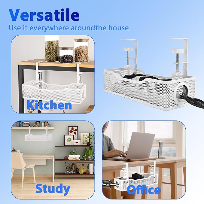 Under Desk Cable Management Tray Small – Clamp-Mounted Wire Organizer & Cord Management Under Desk Holder, No-Drill Metal Cable Tray for Home Office (White)