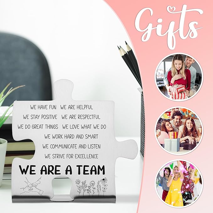 We Are a Team Puzzle Desk Sign for Coworkers Employees Friends, Engraved Stainless Steel Motivational Gift, Inspirational Office Decor Plaque for Team Values and Appreciation - FSD334