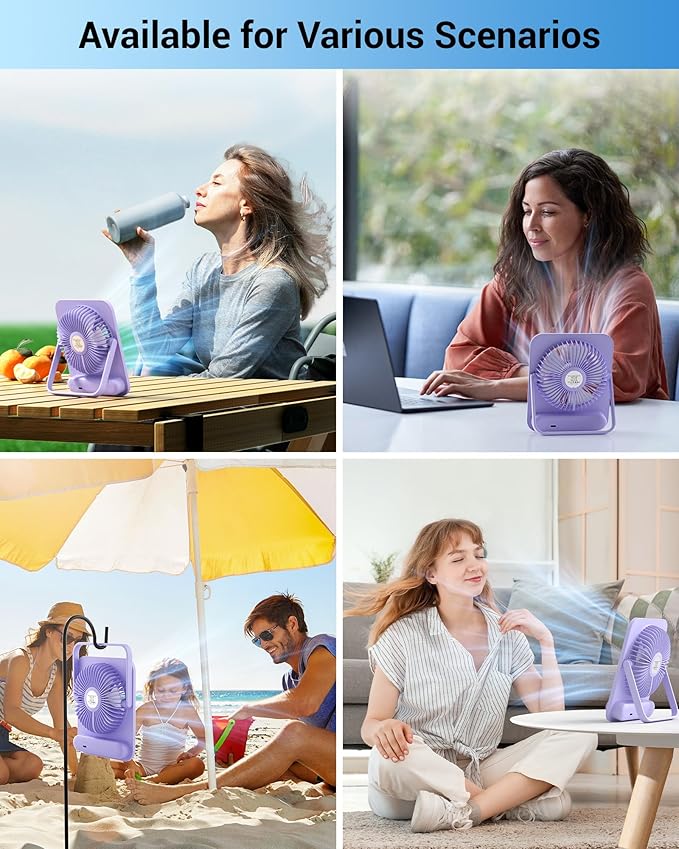 WHATOOK Small Desk Fan Personal Fans: 5000mah 25 Hours Battery Office Quiet Mini Desktop Fan Portable Rechargeable Travel Essentials (Purple, 5000 mAh)