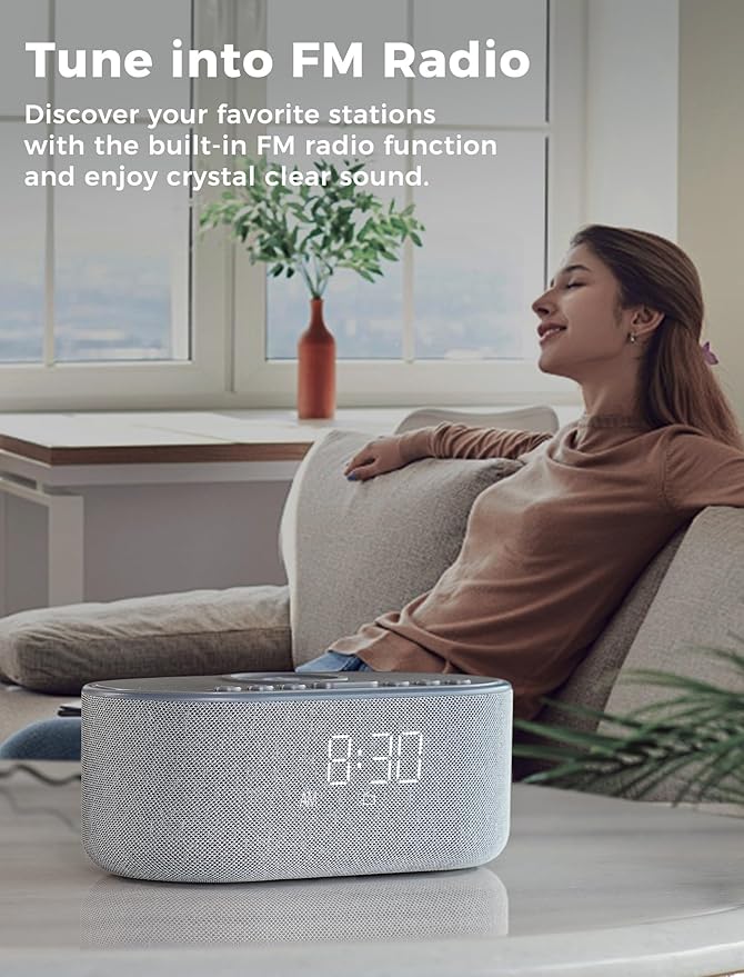 Wireless Charging Alarm Clock Radio: Qi Certified Fast Wireless Charger for iPhone Samsung - 10W Stereo Bluetooth Speaker - Dimmable Digital Clock with FM Radio for Bedroom Gray