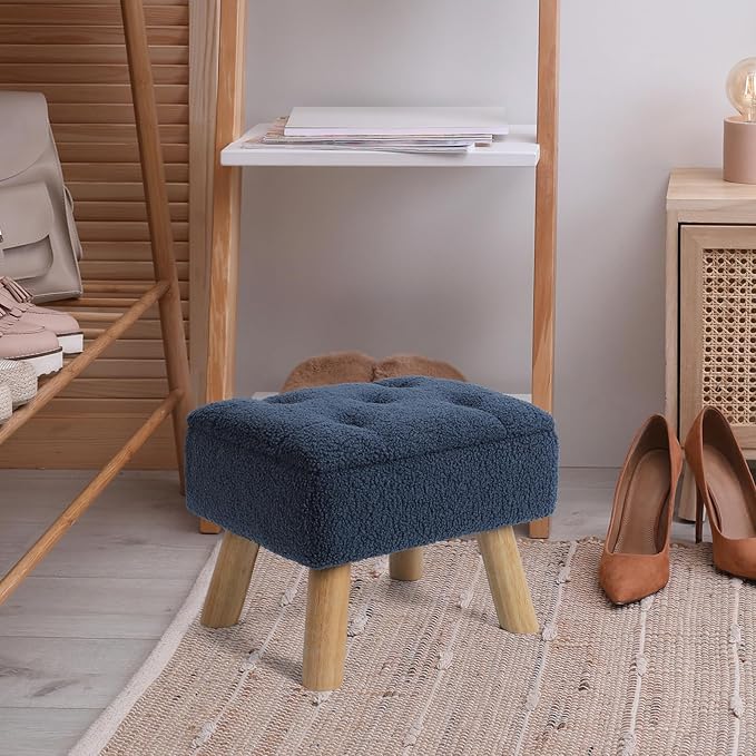 Storage Ottoman, Small Foot Stool Ottoman with Storage, Boucle Teddy Velvet Foot Rest with Padded Seat, Sturdy Wood Legs Stool for Living Room, Bedroom, Couch, Enterway (Dark Blue)