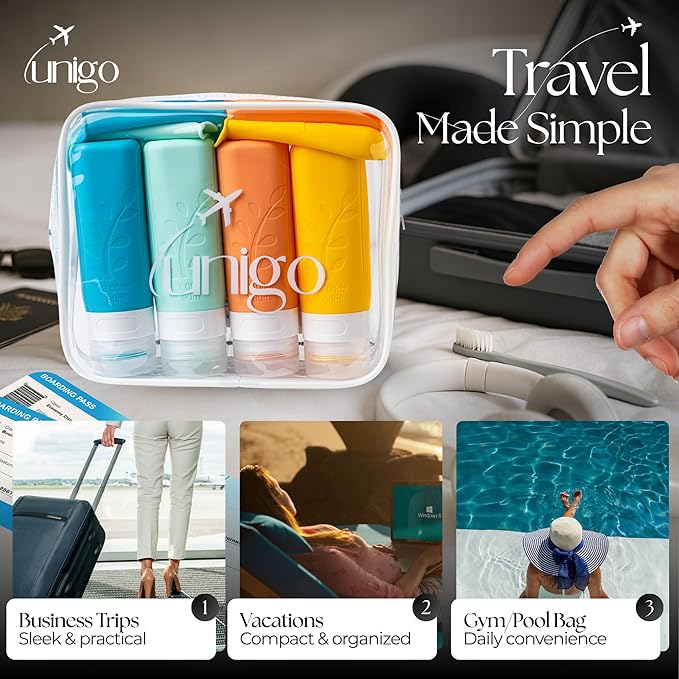unigo Silicone Travel Bottles Set for Toiletries, Airplane Approved TSA Carry On Size, BPA Free Leakproof Refillable Squeeze Containers with Labels, Cleaning Brush and Covers (Multicolor B)