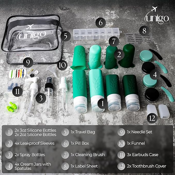 unigo Silicone Travel Bottles Set for Toiletries, Airplane Approved TSA Carry On Size, BPA Free Leakproof Refillable Squeeze Containers with Labels, Cleaning Brush and Covers (Green)