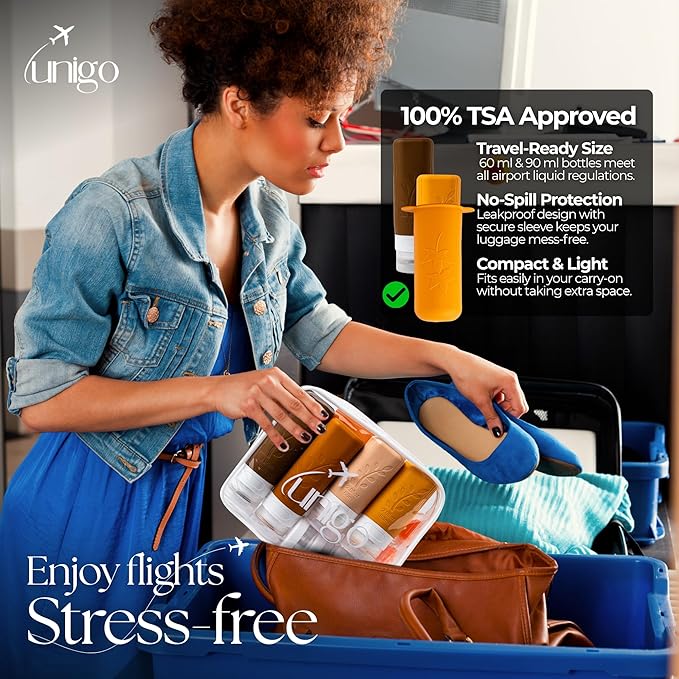 unigo Silicone Travel Bottles Set for Toiletries, Airplane Approved TSA Carry On Size, BPA Free Leakproof Refillable Squeeze Containers with Labels, Cleaning Brush and Covers (Apricot)