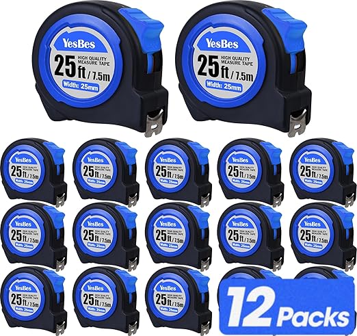 Tape Measure 25 ft, 12 Pack Bulk Easy Read Measuring Tape Retractable, Self-Locking Measurement Tape 25 FT by 1 in