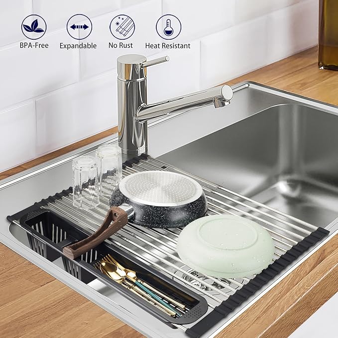 Roll Up Dish Drying Rack,Expandable Over The Sink Dish Drainer,Stainless Steel Kitchen Rolling Sink Rack with Utensil Holder,Length Up to 22.3" (Black, Large)