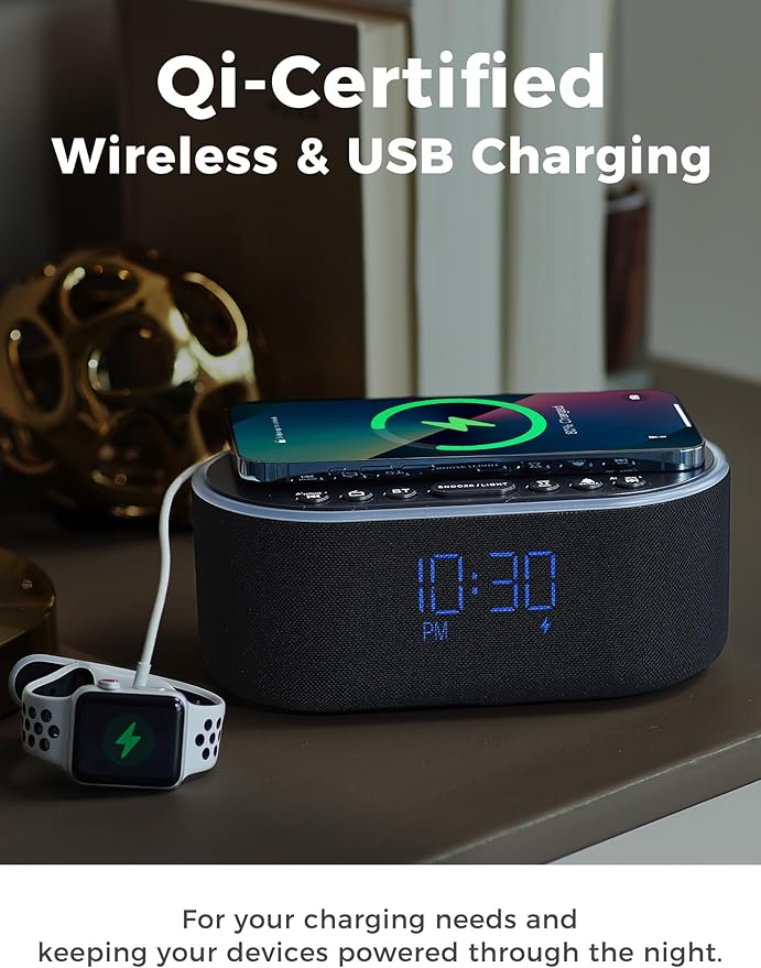 Wireless Charging Alarm Clock Radio: Qi Certified Fast Wireless Charger for iPhone Samsung - 10W Stereo Bluetooth Speaker - Dimmable Digital Clock with FM Radio for Bedroom Black