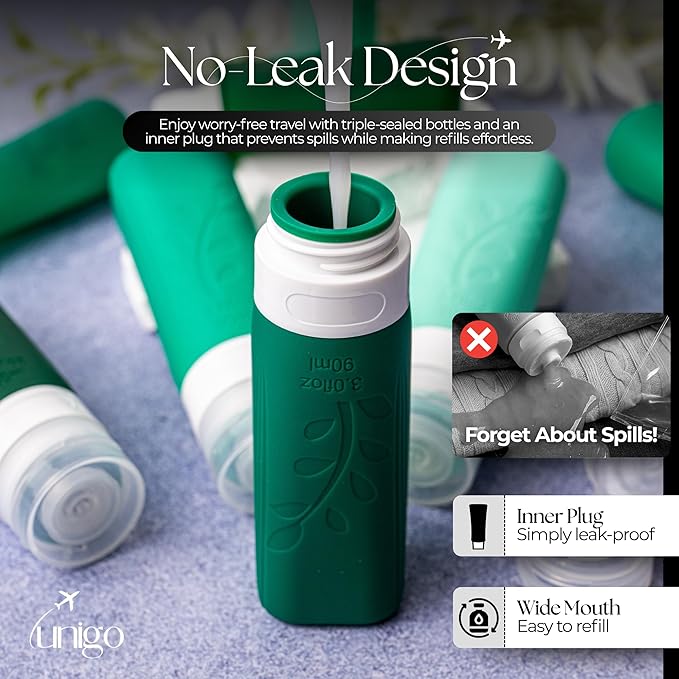 unigo Silicone Travel Bottles Set for Toiletries, Airplane Approved TSA Carry On Size, BPA Free Leakproof Refillable Squeeze Containers with Labels, Cleaning Brush and Covers (Green)