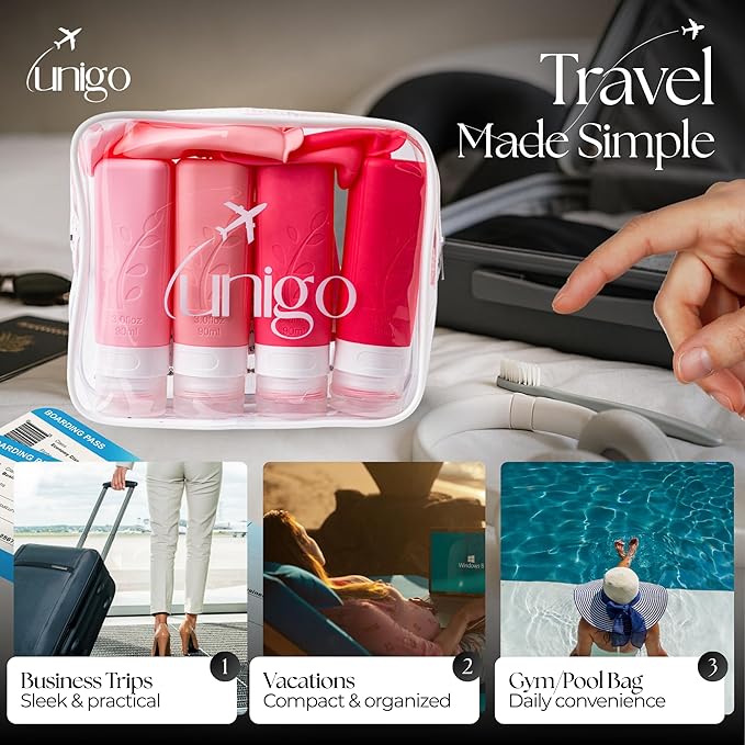 unigo Silicone Travel Bottles Set for Toiletries, Airplane Approved TSA Carry On Size, BPA Free Leakproof Refillable Squeeze Containers with Labels, Cleaning Brush and Covers (Pink)
