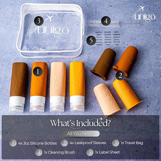 unigo Silicone Travel Bottles Set for Toiletries, Airplane Approved TSA Carry On Size, BPA Free Leakproof Refillable Squeeze Containers with Labels, Cleaning Brush and Covers (Apricot)