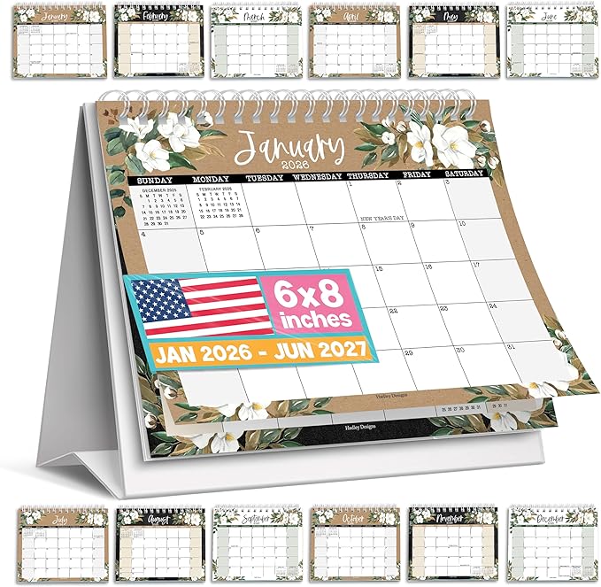 Small Desk Calendar 2026-2027 - Standing Flip Desk Calendars 2026, 18 Months Stand Up Calendars from Jan 2026 to June 2027, Magnolia Desktop Calendar Planner for Home, School, Office