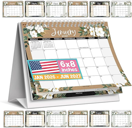 Small Desk Calendar 2026-2027 - Standing Flip Desk Calendars 2026, 18 Months Stand Up Calendars from Jan 2026 to June 2027, Magnolia Desktop Calendar Planner for Home, School, Office