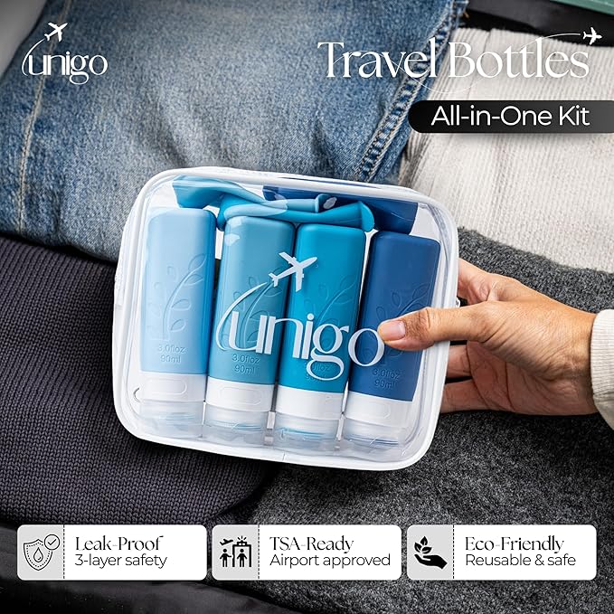 unigo Silicone Travel Bottles Set for Toiletries, Airplane Approved TSA Carry On Size, BPA Free Leakproof Refillable Squeeze Containers with Labels, Cleaning Brush and Covers (Blue)