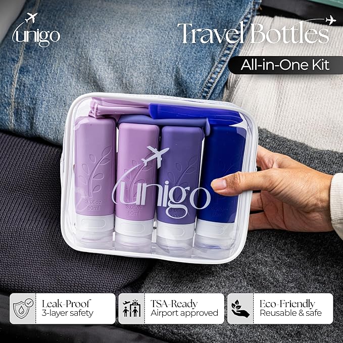 unigo Silicone Travel Bottles Set for Toiletries, Airplane Approved TSA Carry On Size, BPA Free Leakproof Refillable Squeeze Containers with Labels, Cleaning Brush and Covers (Purple)