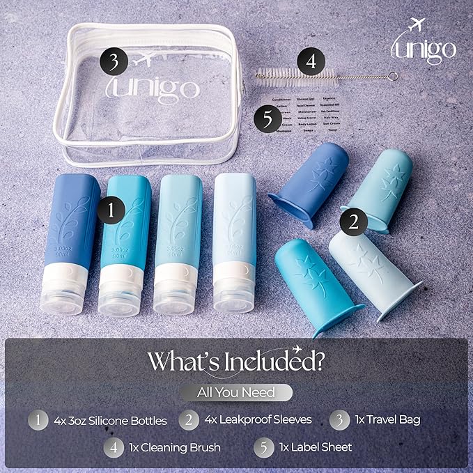 unigo Silicone Travel Bottles Set for Toiletries, Airplane Approved TSA Carry On Size, BPA Free Leakproof Refillable Squeeze Containers with Labels, Cleaning Brush and Covers (Blue)