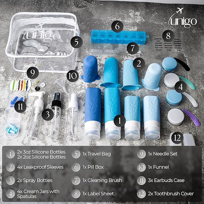 unigo Silicone Travel Bottles Set for Toiletries, Airplane Approved TSA Carry On Size, BPA Free Leakproof Refillable Squeeze Containers with Labels, Cleaning Brush and Covers (Blue)