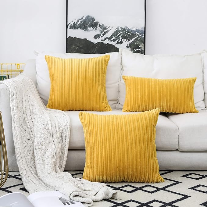 UGASA Pack of 2, Velvet Pillow Covers Striped, Soft Textured Throw Cushion Case Set, Accent Corduroy Lumbar Pillowcases with Hidden Zipper for Home Decor Indoor Outdoor (12"x20", Primrose Yellow)