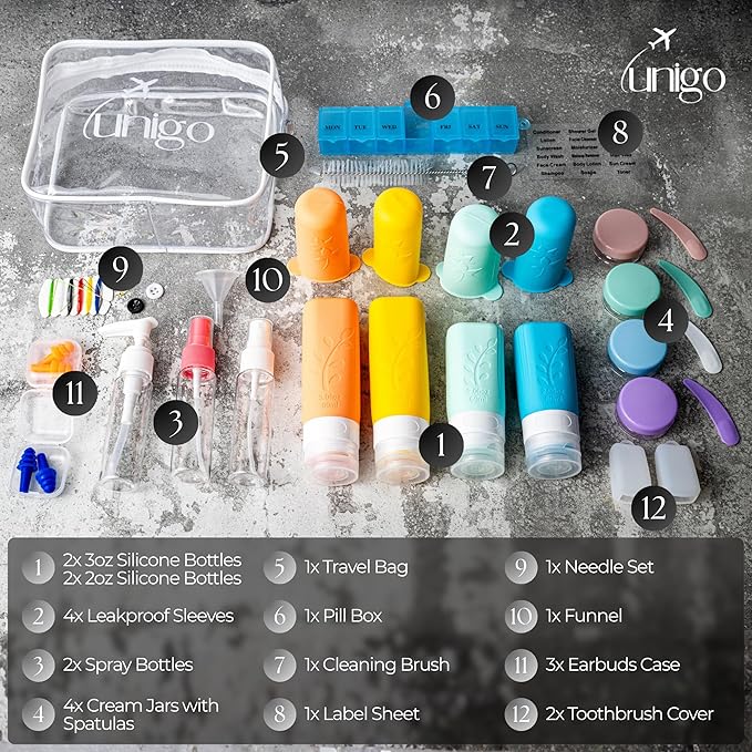 unigo Silicone Travel Bottles Set for Toiletries, Airplane Approved TSA Carry On Size, BPA Free Leakproof Refillable Squeeze Containers with Labels, Cleaning Brush and Covers (Multicolor B)