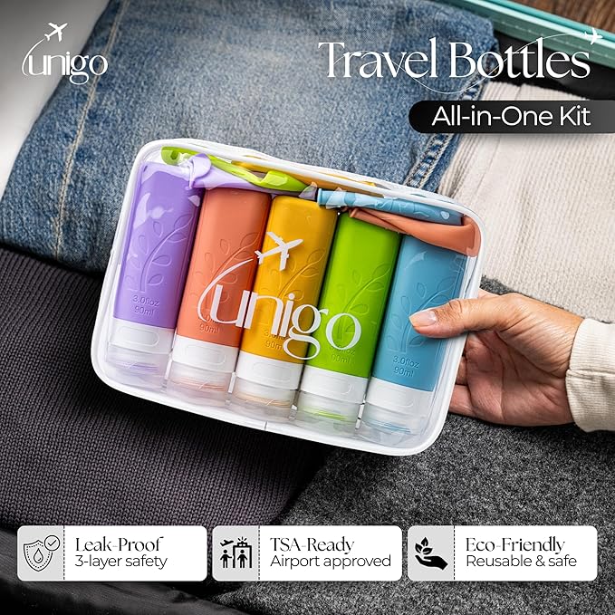 unigo Silicone Travel Bottles Set for Toiletries, Airplane Approved TSA Carry On Size, BPA Free Leakproof Refillable Squeeze Containers with Labels, Cleaning Brush and Covers (Multicolor B)