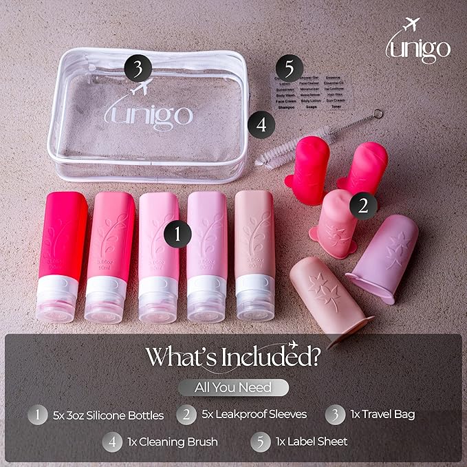 unigo Silicone Travel Bottles Set for Toiletries, Airplane Approved TSA Carry On Size, BPA Free Leakproof Refillable Squeeze Containers with Labels, Cleaning Brush and Covers (Pink)