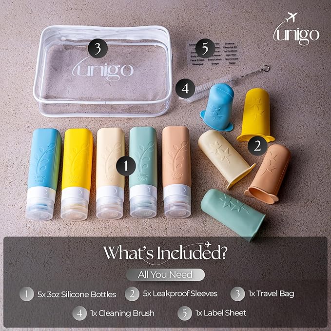 unigo Silicone Travel Bottles Set for Toiletries, Airplane Approved TSA Carry On Size, BPA Free Leakproof Refillable Squeeze Containers with Labels, Cleaning Brush and Covers (Multicolor A)