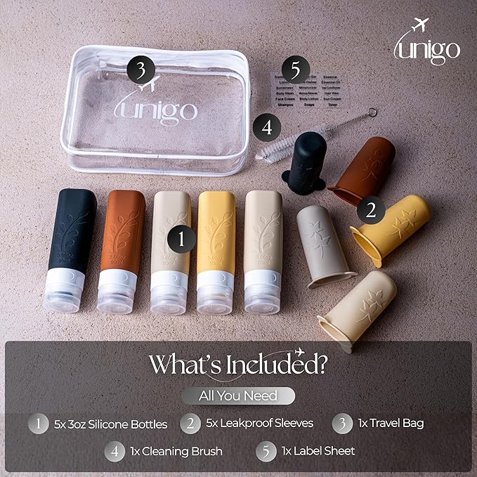 unigo Silicone Travel Bottles Set for Toiletries, Airplane Approved TSA Carry On Size, BPA Free Leakproof Refillable Squeeze Containers with Labels, Cleaning Brush and Covers (Apricot)