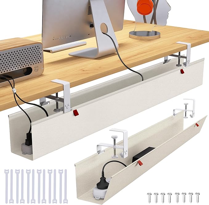 Extra Large 48" Under Desk Cable Management Tray for Standing Desk, No Drill Clamp On Wire Hider, Heavy Duty Anti-Sag Cord Organizer, Cable Tray for Studio & Dual Monitors (Beige, 47.8")