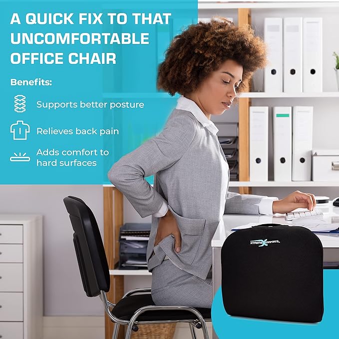 Xtreme Comforts Seat Cushions | Office Chair Cushions for Desk, Car, Wheelchair| Ergonomic Memory Foam Seat Cushion for Support & Comfort | Helps Improve Sitting Posture for Work & Body Relief (1 Pc)