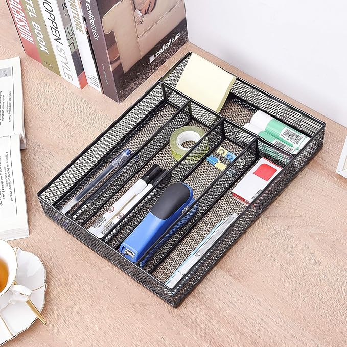 WuGeShop Office Desk Drawer Organizer, 5 Compartments Mesh Drawer Organizer Tray for Storage Art Supplies, Stationery, Black