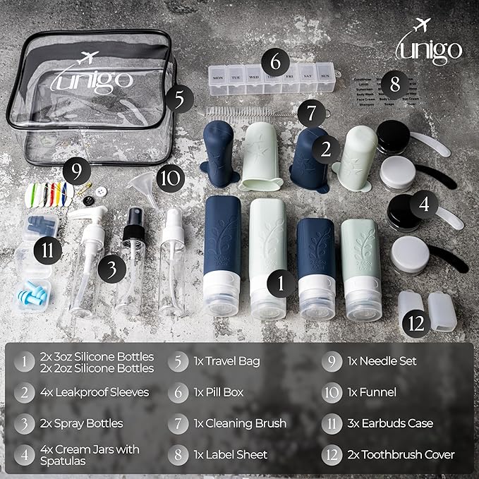 unigo Silicone Travel Bottles Set for Toiletries, Airplane Approved TSA Carry On Size, BPA Free Leakproof Refillable Squeeze Containers with Labels, Cleaning Brush and Covers (White and Black)
