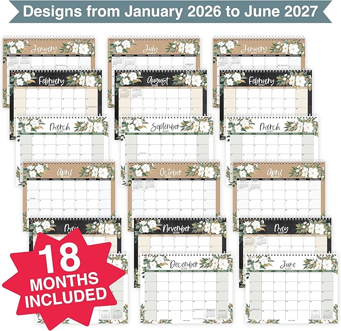 Small Desk Calendar 2026-2027 - Standing Flip Desk Calendars 2026, 18 Months Stand Up Calendars from Jan 2026 to June 2027, Magnolia Desktop Calendar Planner for Home, School, Office