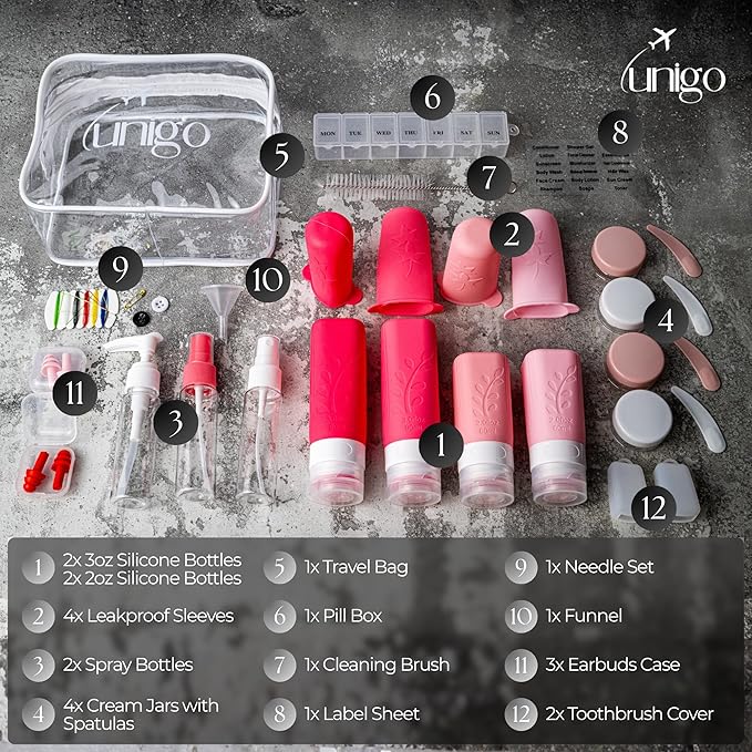 unigo Silicone Travel Bottles Set for Toiletries, Airplane Approved TSA Carry On Size, BPA Free Leakproof Refillable Squeeze Containers with Labels, Cleaning Brush and Covers (Pink)