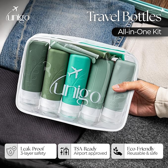 unigo Silicone Travel Bottles Set for Toiletries, Airplane Approved TSA Carry On Size, BPA Free Leakproof Refillable Squeeze Containers with Labels, Cleaning Brush and Covers (Green)