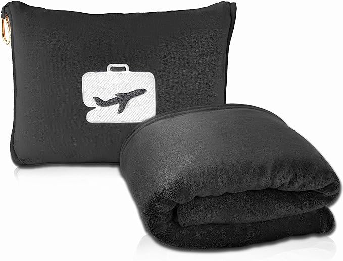 EverSnug Travel Blanket and Pillow - Ultra-Soft, Compact & Lightweight, 65x40 Inches, with Carry Case, Luggage Sleeve & Backpack Clip for Airplane Comfort (Black)