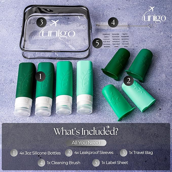 unigo Silicone Travel Bottles Set for Toiletries, Airplane Approved TSA Carry On Size, BPA Free Leakproof Refillable Squeeze Containers with Labels, Cleaning Brush and Covers (Green)