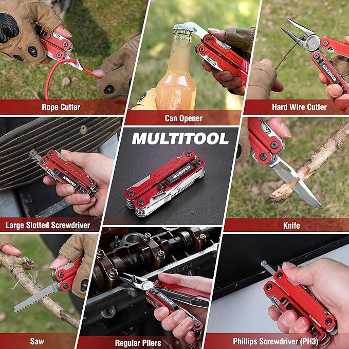WORKPRO 18-in-1 Multi Tool Pliers, Gifts for Dad, Stainless Steel EDC Multitool with Pocket Knife, 2 Safety Locks, Belt Clip and Oxford Pouch, Multipurpose Utility Multiuse Tool for Outdoor Activities