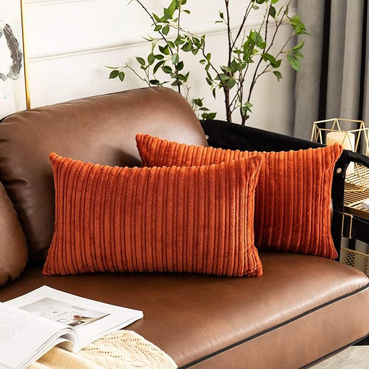 UGASA Fall Pack of 2 Velvet Pillow Covers Striped, Soft Textured Throw Cushion Case Set Corduroy Lumbar Pillowcases with Hidden Zipper for Home Decor Indoor Outdoor (12"x20", Burnt Brick)