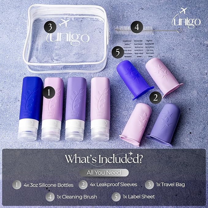 unigo Silicone Travel Bottles Set for Toiletries, Airplane Approved TSA Carry On Size, BPA Free Leakproof Refillable Squeeze Containers with Labels, Cleaning Brush and Covers (Purple)