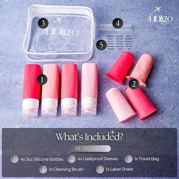 unigo Silicone Travel Bottles Set for Toiletries, Airplane Approved TSA Carry On Size, BPA Free Leakproof Refillable Squeeze Containers with Labels, Cleaning Brush and Covers (Pink)