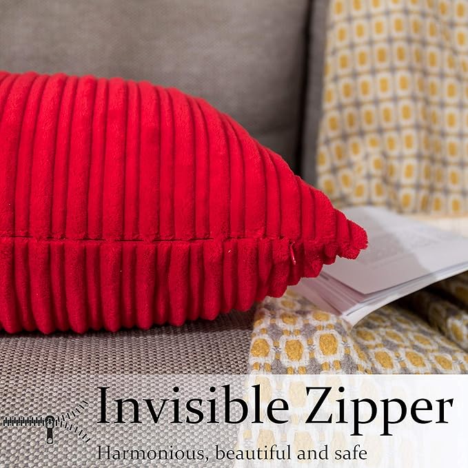 UGASA Pack of 2 Christmas Velvet Pillow Covers Striped, Soft Textured Throw Cushion Case Set, Accent Corduroy Lumbar Pillowcases with Hidden Zipper for Home Decor Indoor Outdoor (12"x20", Red)
