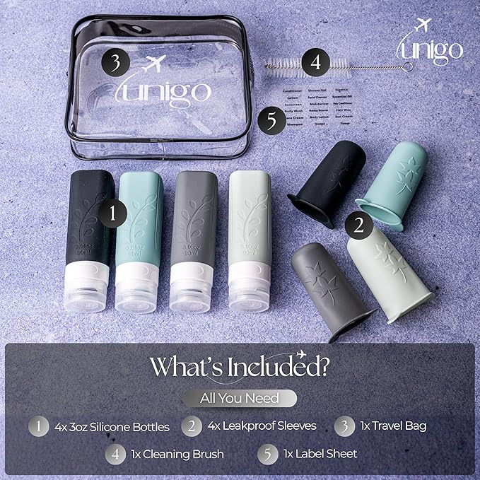 unigo Silicone Travel Bottles Set for Toiletries, Airplane Approved TSA Carry On Size, BPA Free Leakproof Refillable Squeeze Containers with Labels, Cleaning Brush and Covers (Gray)