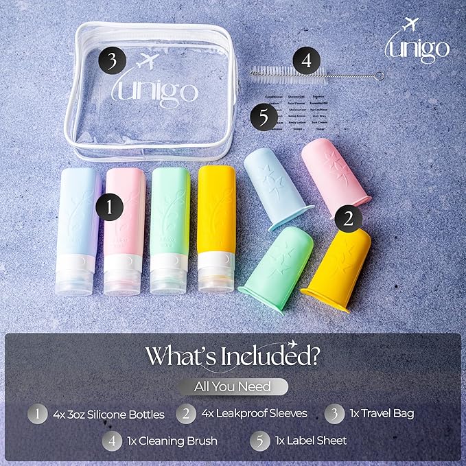 unigo Silicone Travel Bottles Set for Toiletries, Airplane Approved TSA Carry On Size, BPA Free Leakproof Refillable Squeeze Containers with Labels, Cleaning Brush and Covers (Multicolor A)