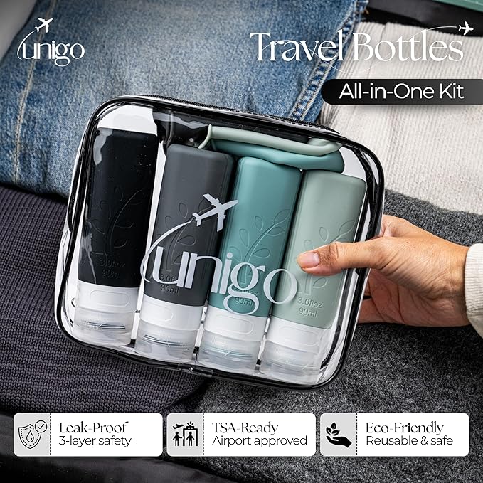 unigo Silicone Travel Bottles Set for Toiletries, Airplane Approved TSA Carry On Size, BPA Free Leakproof Refillable Squeeze Containers with Labels, Cleaning Brush and Covers (Gray)