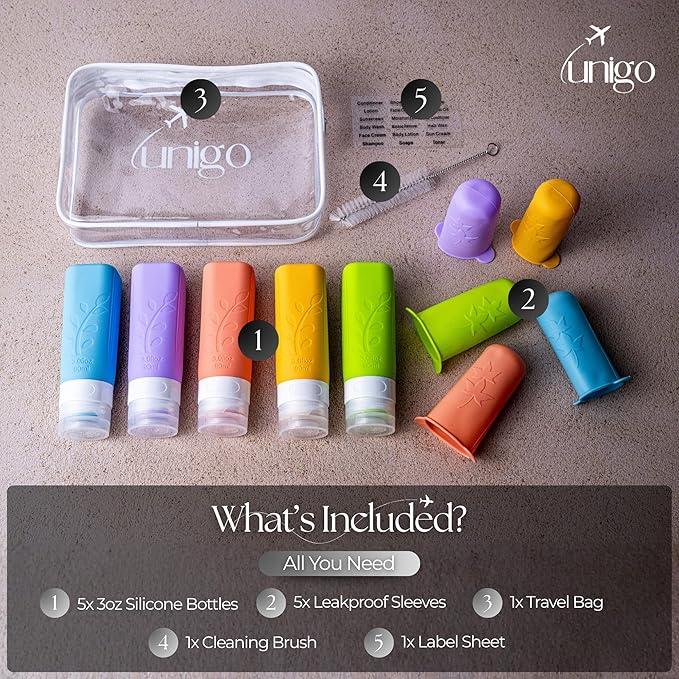 unigo Silicone Travel Bottles Set for Toiletries, Airplane Approved TSA Carry On Size, BPA Free Leakproof Refillable Squeeze Containers with Labels, Cleaning Brush and Covers (Multicolor B)