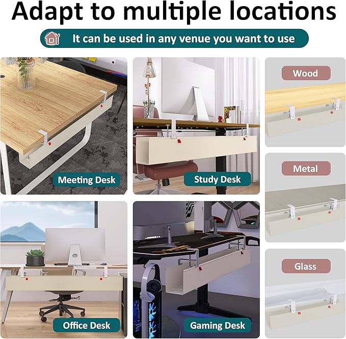 Extra Large 48" Under Desk Cable Management Tray for Standing Desk, No Drill Clamp On Wire Hider, Heavy Duty Anti-Sag Cord Organizer, Cable Tray for Studio & Dual Monitors (Beige, 47.8")