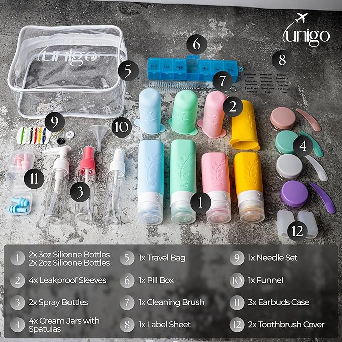 unigo Silicone Travel Bottles Set for Toiletries, Airplane Approved TSA Carry On Size, BPA Free Leakproof Refillable Squeeze Containers with Labels, Cleaning Brush and Covers (Multicolor A)