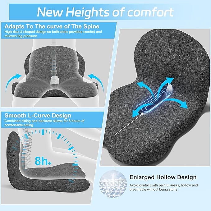 Truck Driver Seat Cushion, Memory Foam L-Shaped Ergonomic Cushion for Office Chairs, Comfort & Support for Long Sitting