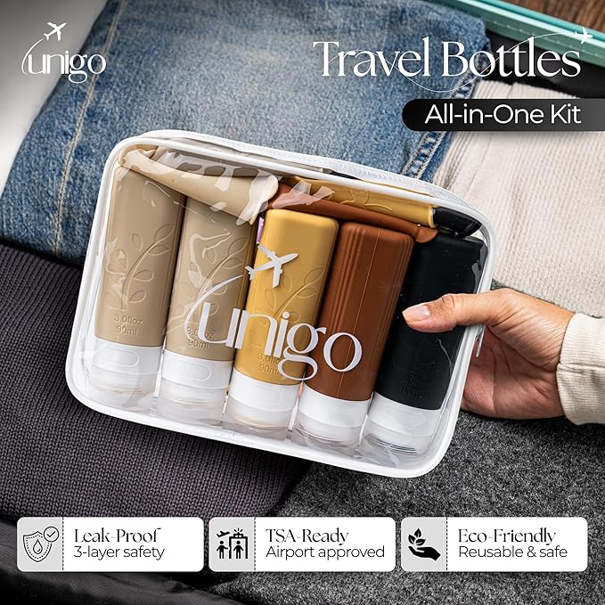unigo Silicone Travel Bottles Set for Toiletries, Airplane Approved TSA Carry On Size, BPA Free Leakproof Refillable Squeeze Containers with Labels, Cleaning Brush and Covers (Apricot)