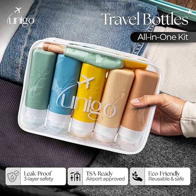 unigo Silicone Travel Bottles Set for Toiletries, Airplane Approved TSA Carry On Size, BPA Free Leakproof Refillable Squeeze Containers with Labels, Cleaning Brush and Covers (Multicolor A)